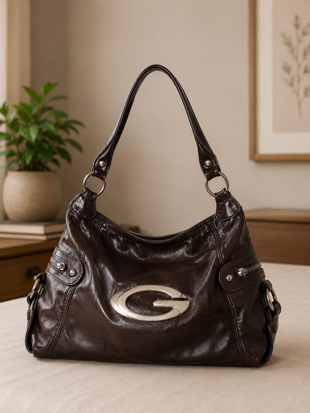 Monogram Dark Brown Leather Shoulder Bag - Picture 1 of 4